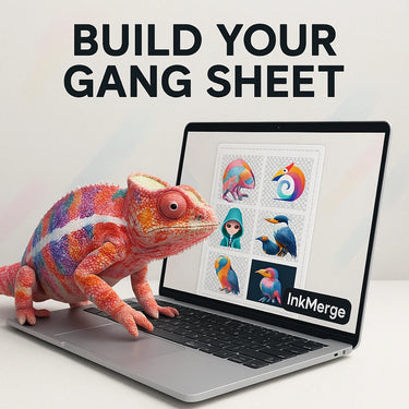 A colorful chameleon stands on a laptop keyboard. The screen shows digital art and the text Build Your Custom DTF Gang Sheet (22″ Wide) above the InkMerge logo, highlighting its easy-to-use gang sheet builder.
